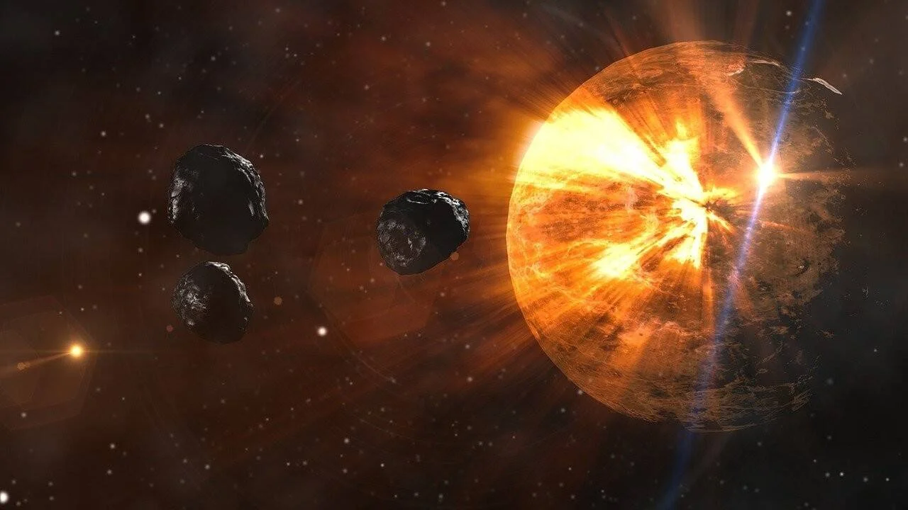Ilustración artística de varios asteroides rocosos aproximándose a un planeta incandescente con una explosión de luz intensa en el espacio.