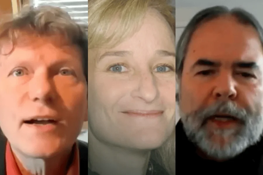 Collage de tres capturas de video: un hombre rubio, una mujer rubia de ojos azules y un hombre con barba canosa.
