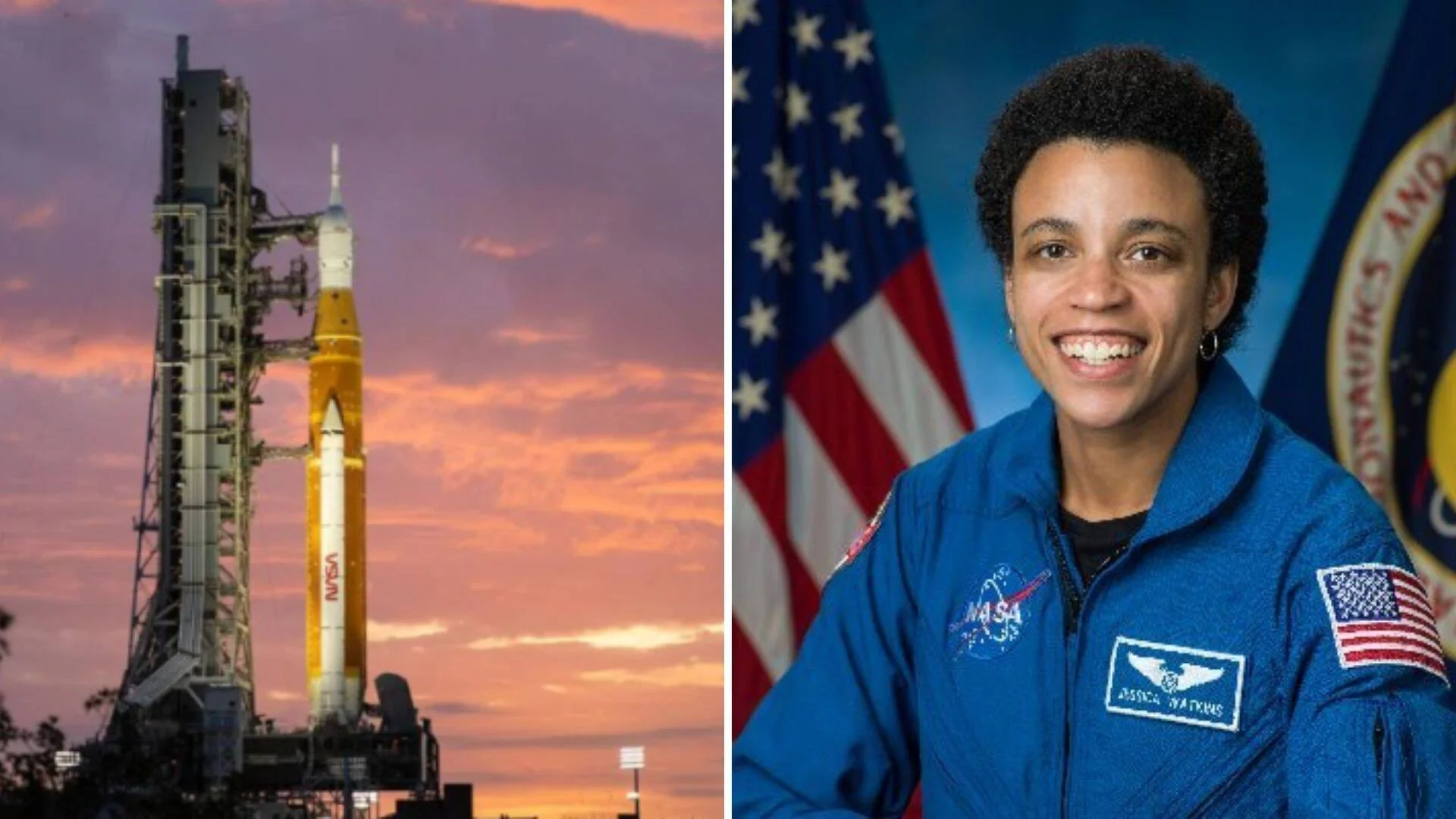 Cohete NASA SLS en la plataforma de lanzamiento al atardecer junto al retrato oficial de la astronauta Jessica Watkins con traje azul de la NASA.