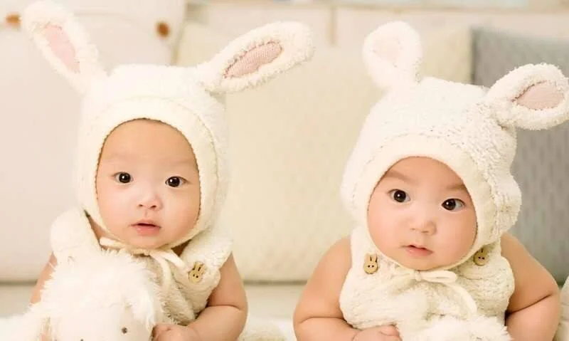 Dos bebés vestidos con trajes y gorros blancos de conejito miran a la cámara.