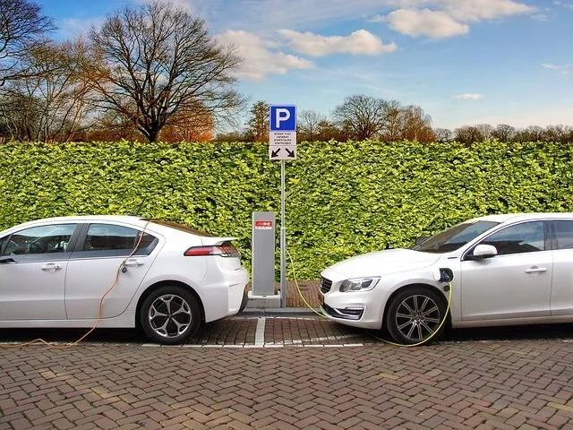Dos vehículos eléctricos blancos conectados a una estación de carga pública en un estacionamiento arbolado.
