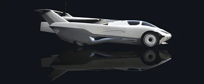 Vehículo concept futurista de color blanco con alas y diseño aerodinámico sobre fondo oscuro.