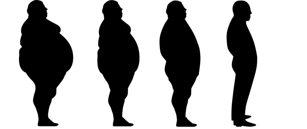Cuatro siluetas negras de perfil que muestran la reducción gradual del peso corporal, desde obesidad severa hasta figura delgada.