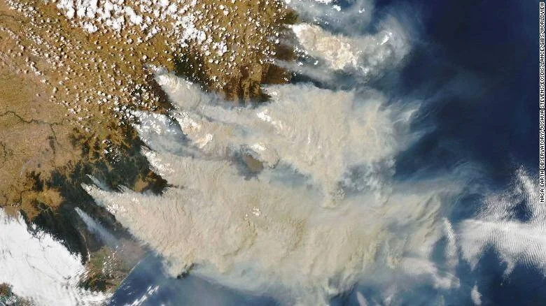 Imagen satelital de la NASA muestra densas columnas de humo de incendios forestales extendiéndose sobre una costa hacia el océano.
