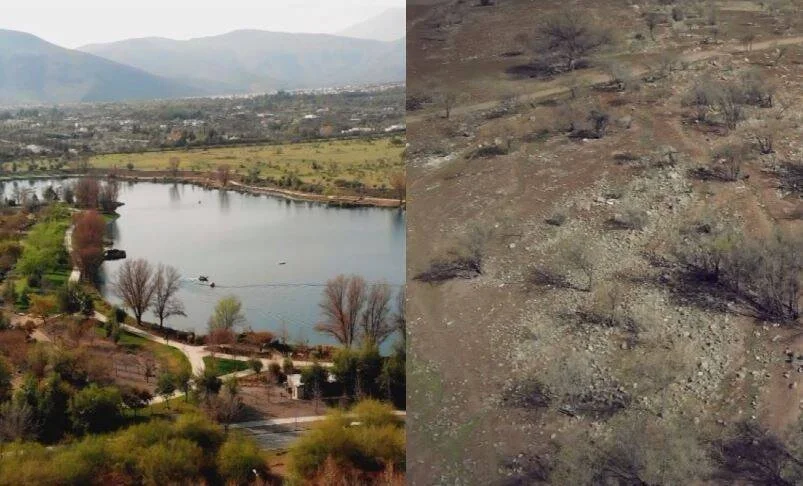 Contraste entre una laguna rodeada de vegetación y árboles, y un terreno árido y sin agua, mostrando los efectos de la sequía.