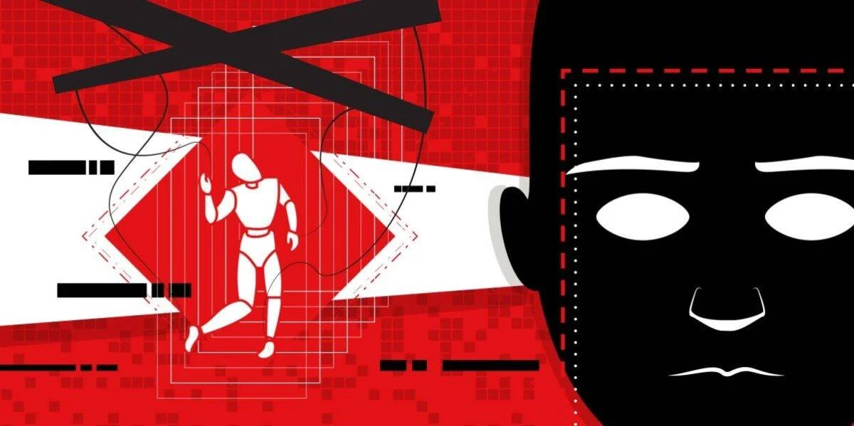Ilustración conceptual sobre vigilancia por IA: silueta negra de rostro humano escaneado junto a figura robótica en fondo rojo.