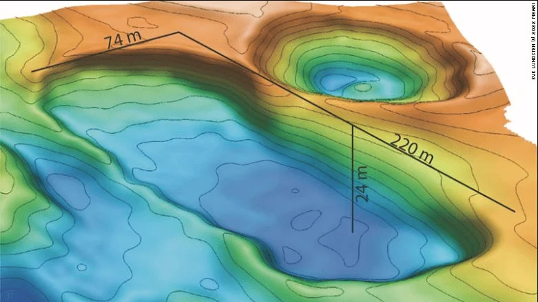 Visualización batimétrica 3D de un lago submarino con medidas de 220 m de largo y 24 m de profundidad, rodeado de relieve oceánico.
