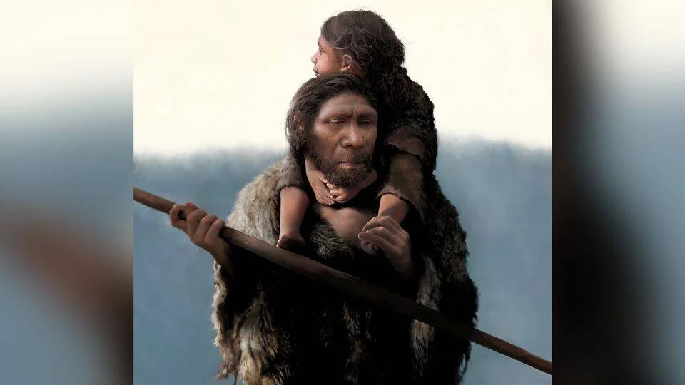 Ilustración de un neandertal adulto vestido con pieles y lanza cargando a una niña sobre sus hombros.