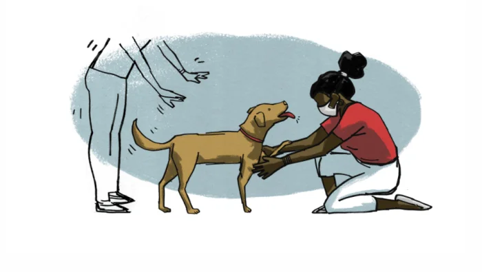 Una mujer con mascarilla arrodillada acaricia a un perro marrón mientras una figura esquemática observa al fondo.