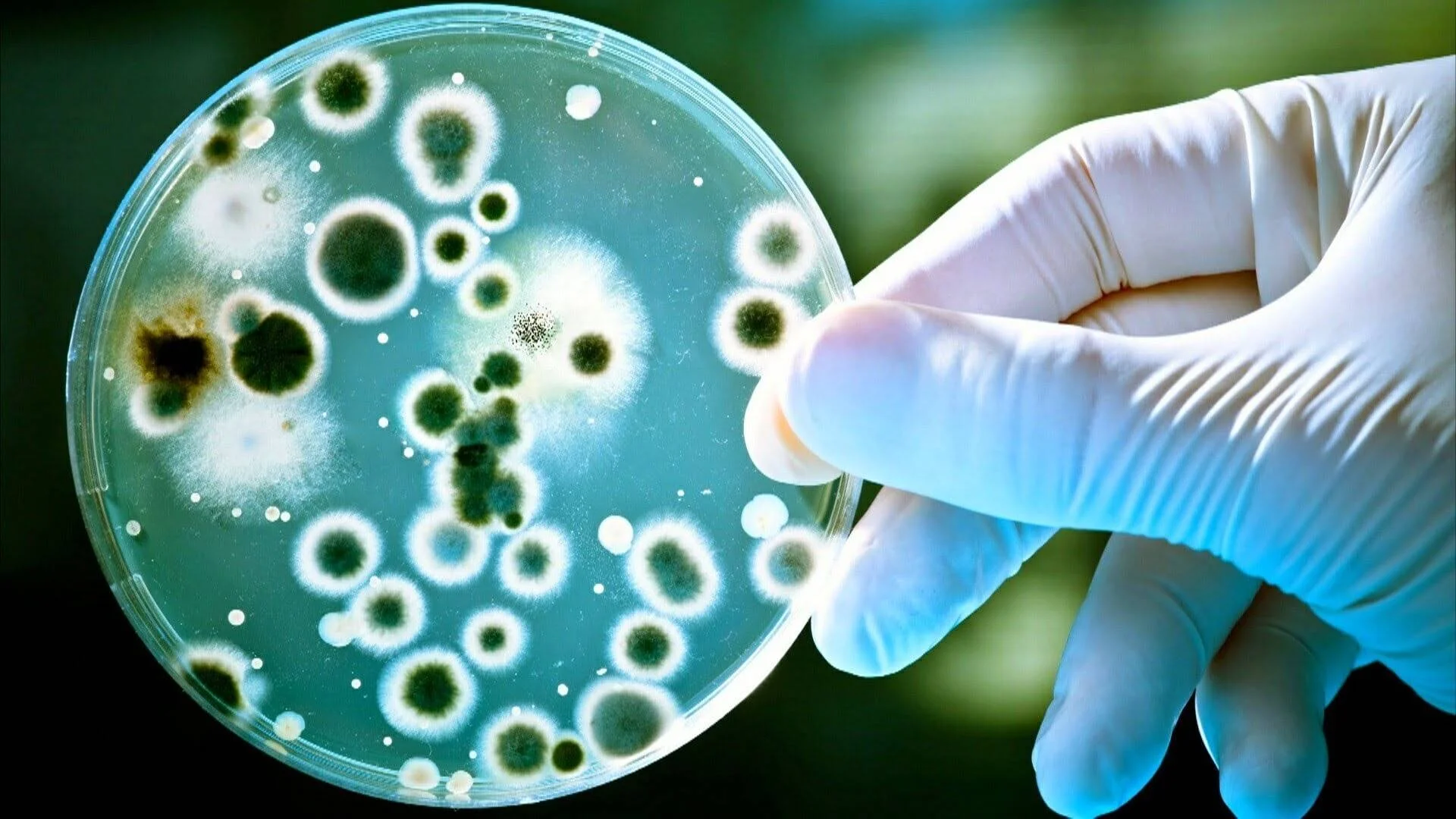Mano enguantada sostiene una placa de Petri con múltiples colonias de bacterias u hongos cultivados en medio de cultivo.