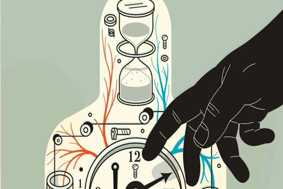 Silueta humana con reloj, ampolleta de arena y redes nerviosas internas, mientras una mano ajusta las manecillas del reloj.