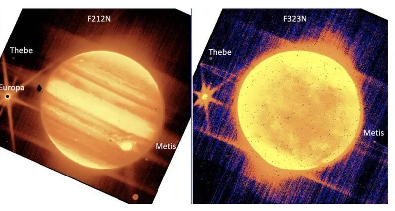 Dos imágenes infrarrojas de Júpiter con sus lunas Thebe, Europa y Metis, tomadas con filtros F212N y F323N.