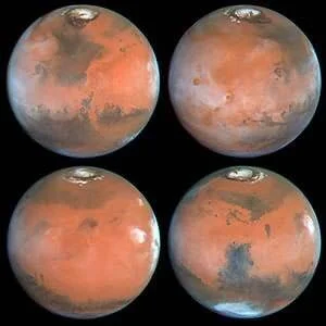 Composición de cuatro imágenes del planeta Marte mostrando su superficie rojiza y casquetes polares desde distintos ángulos.