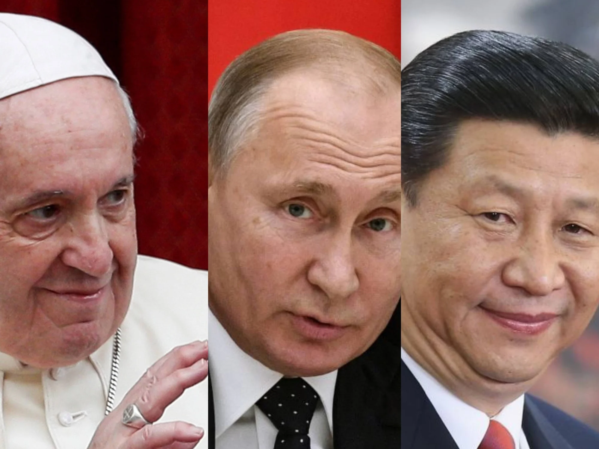 Composición con los rostros del Papa Francisco, el presidente ruso Vladimir Putin y el presidente chino Xi Jinping.