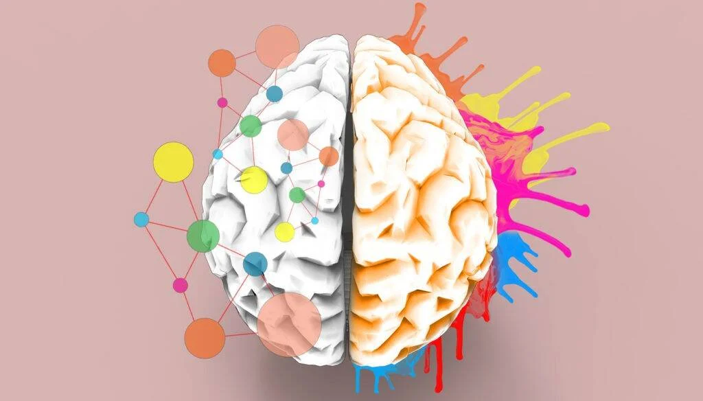 Ilustración de un cerebro dividido: hemisferio izquierdo con red de nodos analíticos y hemisferio derecho con salpicaduras de pintura de colores.