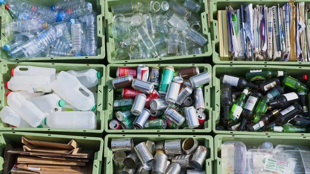Nueve cajones verdes con residuos separados por tipo: botellas plásticas, vidrio, papel, latas, envases y cartón.