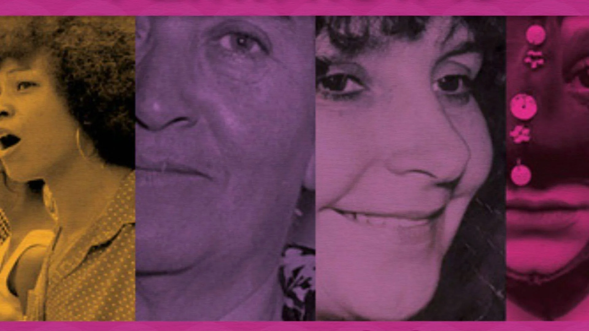 Collage de primeros planos de cuatro mujeres con filtros de colores amarillo, violeta y rosa, en un diseño gráfico estilizado.