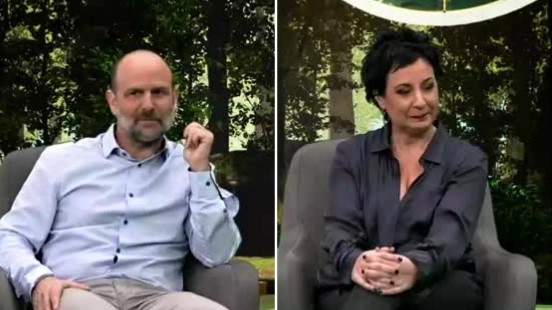Un hombre con camisa celeste y una mujer con blusa gris sentados en sillones durante lo que parece ser un programa de televisión al aire libre.