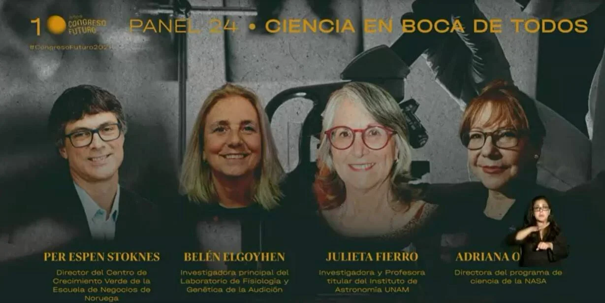 Cuatro panelistas del Panel 24 'Ciencia en Boca de Todos' del Congreso Futuro 2021: Per Espen Stoknes, Belén Elgoyhen, Julieta Fierro y Adriana O.