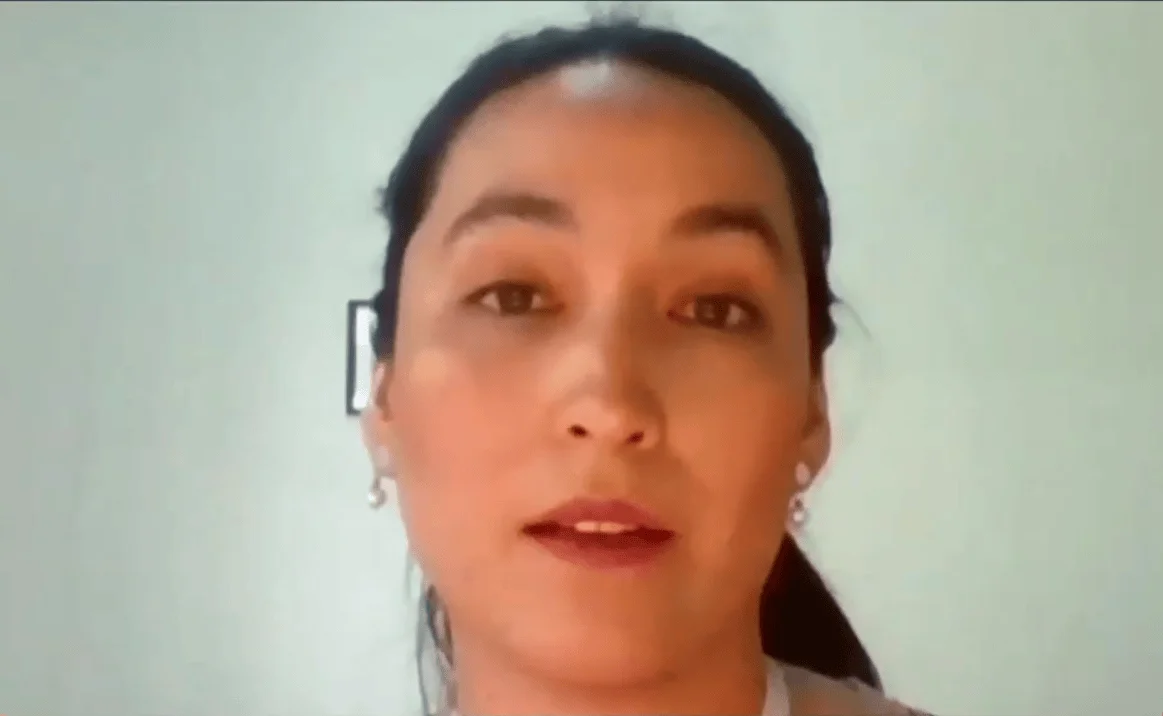Mujer joven con cabello oscuro recogido habla frente a cámara durante una videollamada.