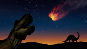 Ilustración de dos dinosaurios observando un asteroide en llamas cayendo sobre la Tierra, evocando la extinción del Cretácico.
