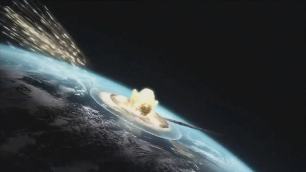 Recreación digital de un asteroide impactando la superficie terrestre con una gran explosión, visto desde el espacio.