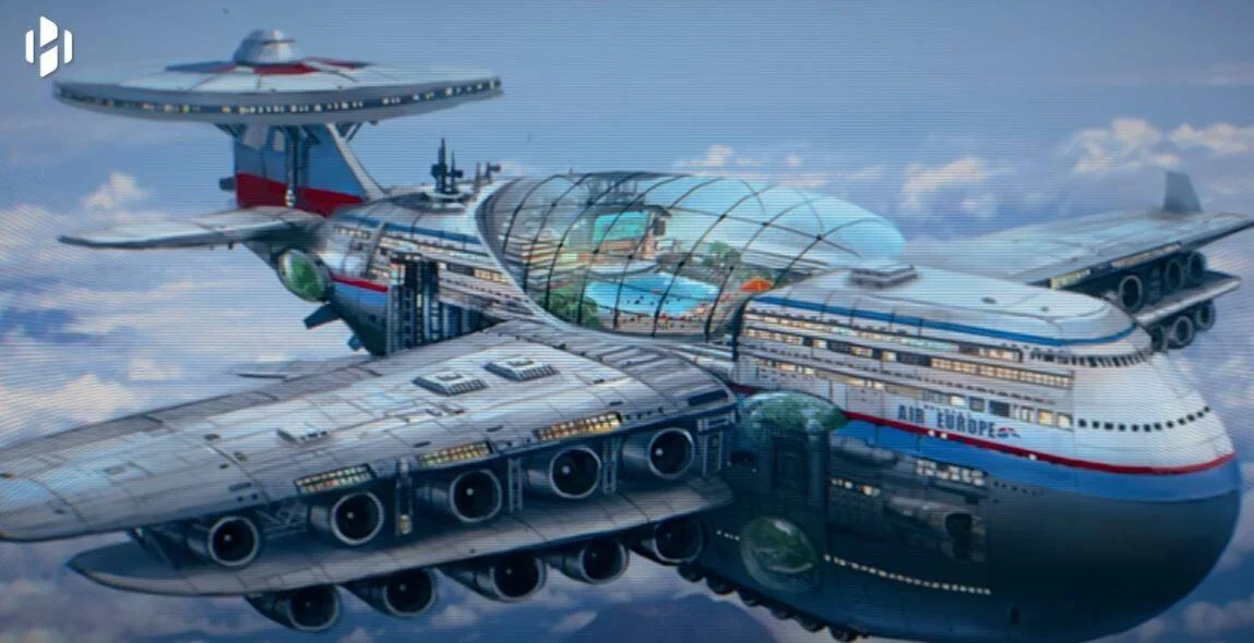Ilustración de concepto de un avión colosal con múltiples pisos, piscina interior y varios motores, con la marca Air Europe.