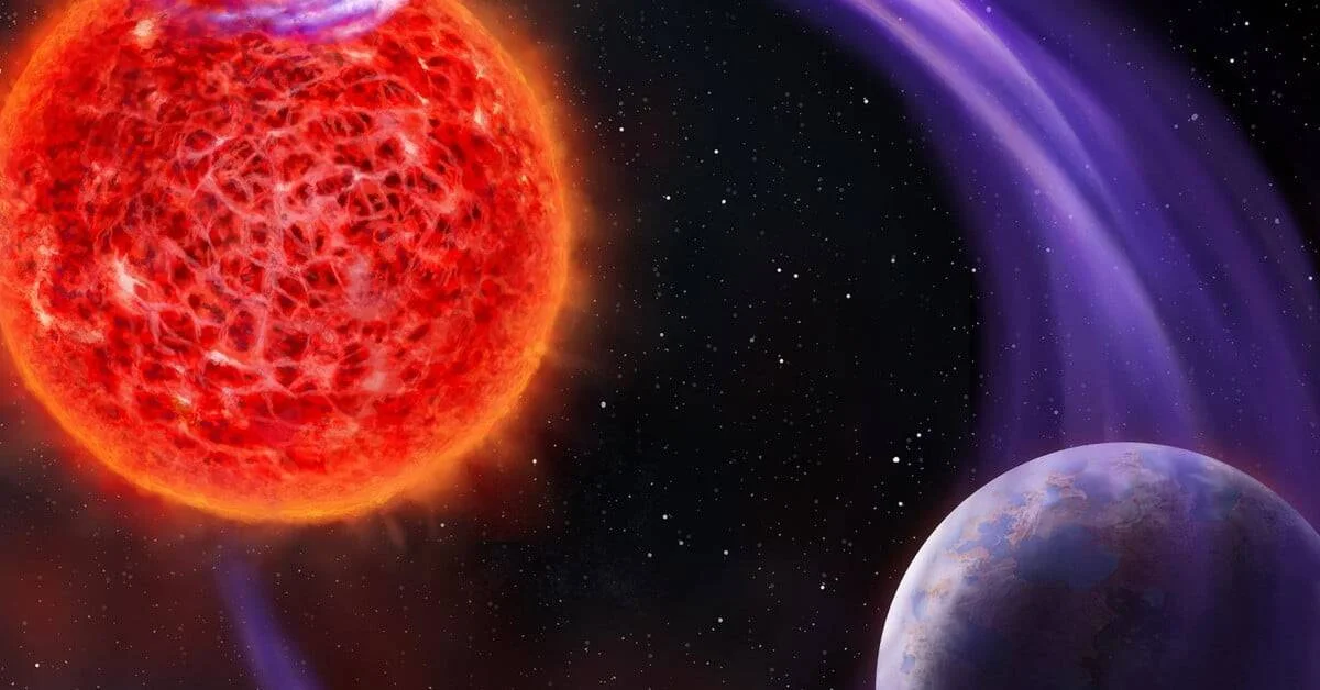 Ilustración artística de una enana roja con campo magnético púrpura junto a un exoplaneta azulado en el espacio.