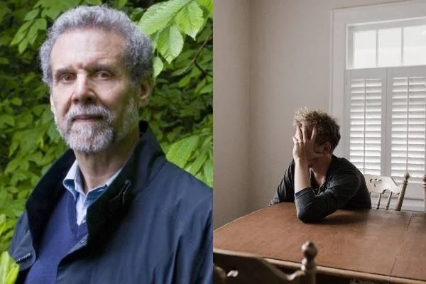 A la izquierda, hombre mayor con barba canosa entre vegetación; a la derecha, joven con la cabeza entre las manos sentado en una mesa de madera.