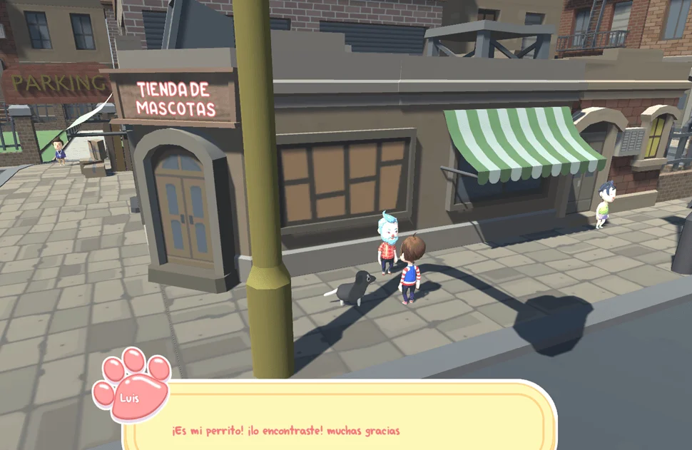 Escena de videojuego 3D donde un personaje llamado Luis agradece que le encontraron su perrito frente a una tienda de mascotas.