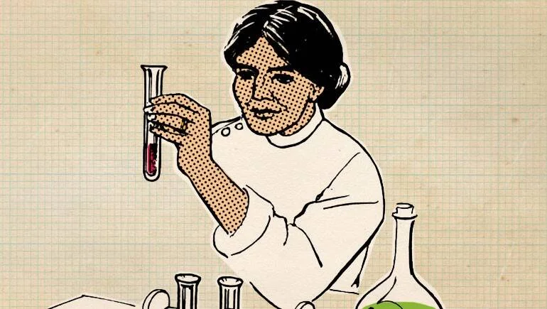 Ilustración estilo cómic vintage de una mujer con guardapolvo blanco examinando un tubo de ensayo en un laboratorio.