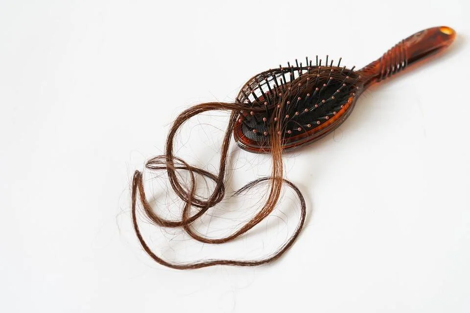 Cepillo de cabello color carey con mechones de pelo castaño enredados, sobre fondo blanco, ilustrando caída del cabello.
