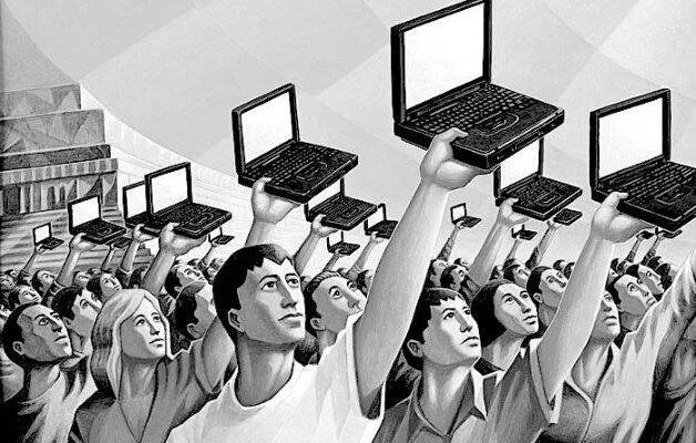 Ilustración en blanco y negro de una multitud de personas alzando computadoras portátiles, evocando un movimiento colectivo por la tecnología.