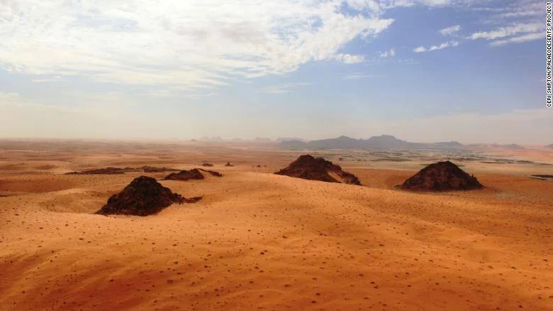 Vasta extensión de desierto con dunas de arena roja, pequeñas formaciones rocosas oscuras y montañas al fondo bajo cielo parcialmente nublado.