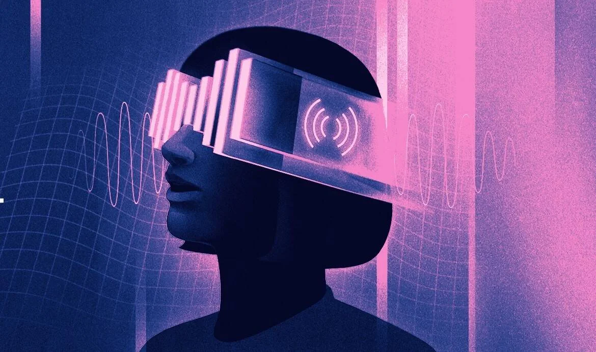 Silueta de persona con casco visor tecnológico futurista rodeada de ondas de señal en tonos azul y rosa neón.