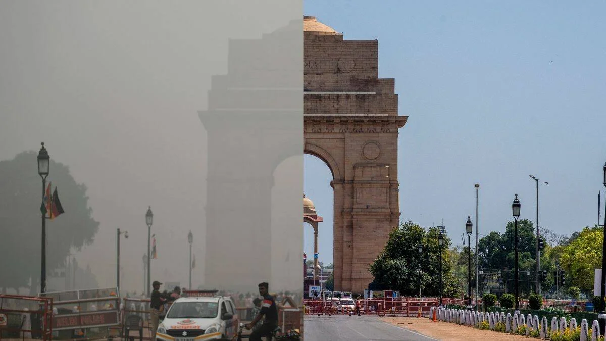 Comparación de la Puerta de la India en Nueva Delhi: izquierda cubierta por densa smog, derecha con cielo despejado y aire limpio.