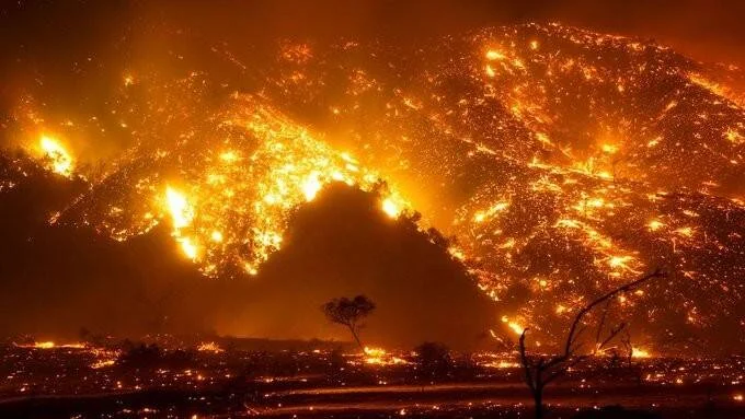 Violento incendio forestal consume colinas enteras durante la noche, con llamas y brasas que iluminan el cielo.