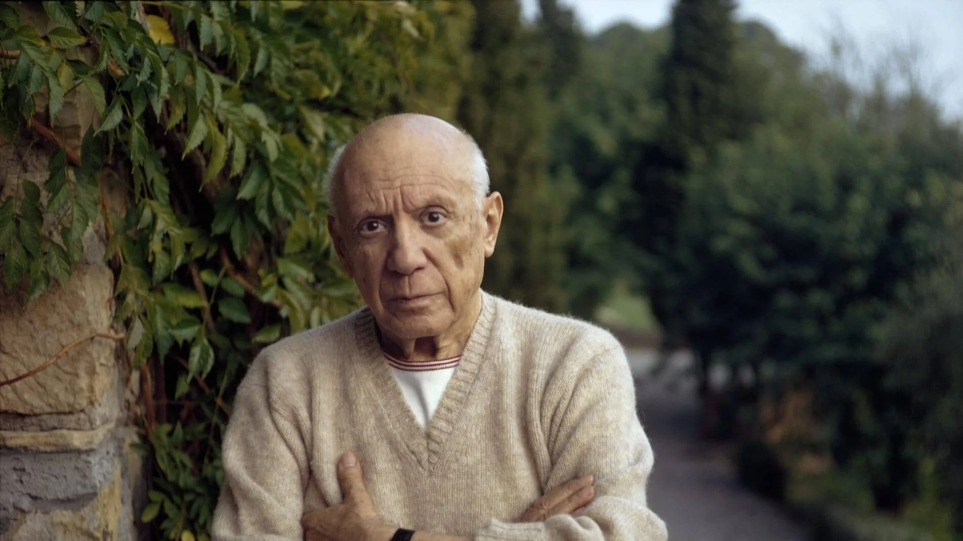 Hombre anciano de cabello blanco y mirada intensa, con los brazos cruzados, junto a un muro de piedra cubierto de plantas.