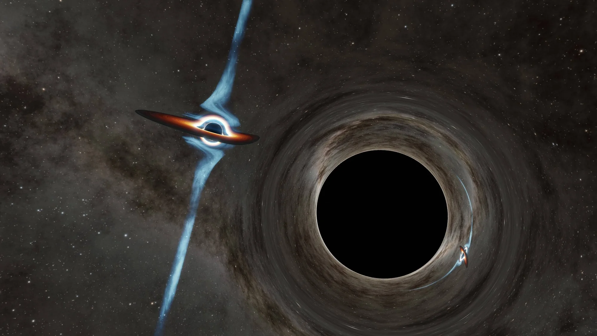 Representación artística de dos agujeros negros: uno masivo con disco de acreción y otro menor con jet relativista azul, orbitando en el espacio.