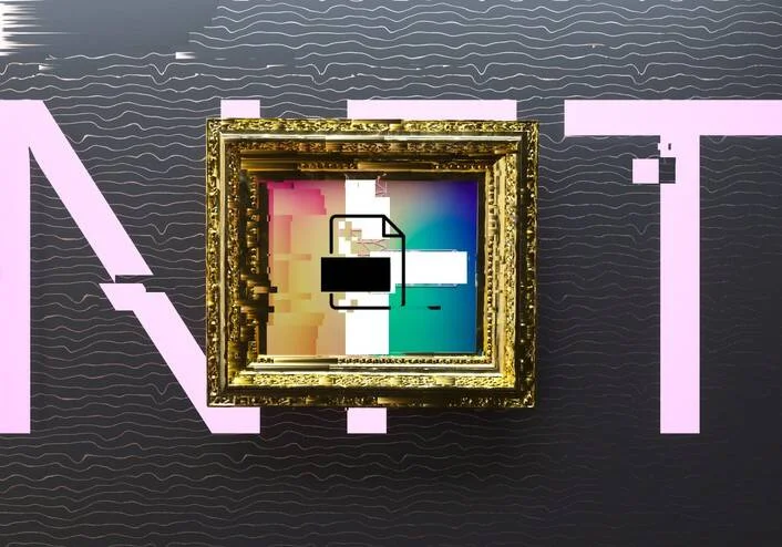Marco dorado clásico con una imagen digital corrupta y el ícono de archivo roto, sobre fondo oscuro con letras NFT en rosa.