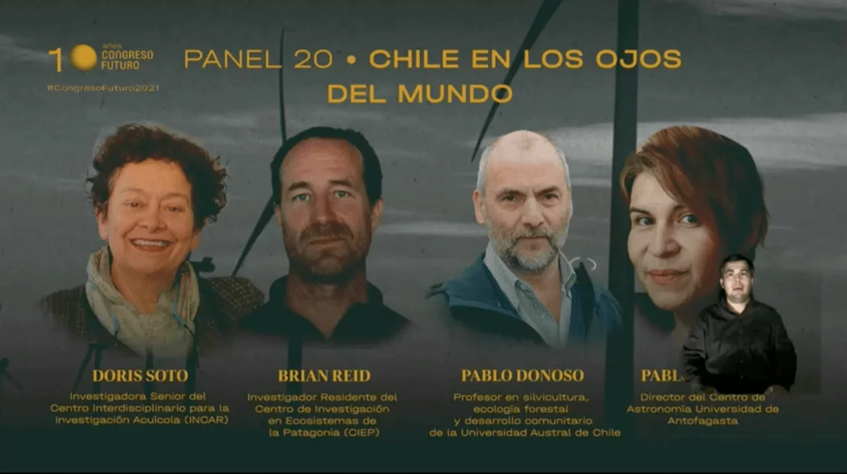 Afiche del Panel 20 'Chile en los Ojos del Mundo' del Congreso Futuro 2021, con los panelistas Doris Soto, Brian Reid, Pablo Donoso y un cuarto expositor parcialmente visible.