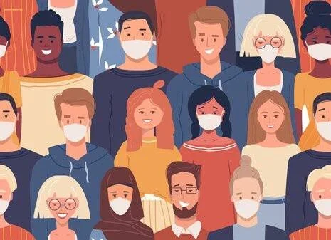 Ilustración de una multitud diversa de personas, algunas usando mascarilla facial y otras sin ella.