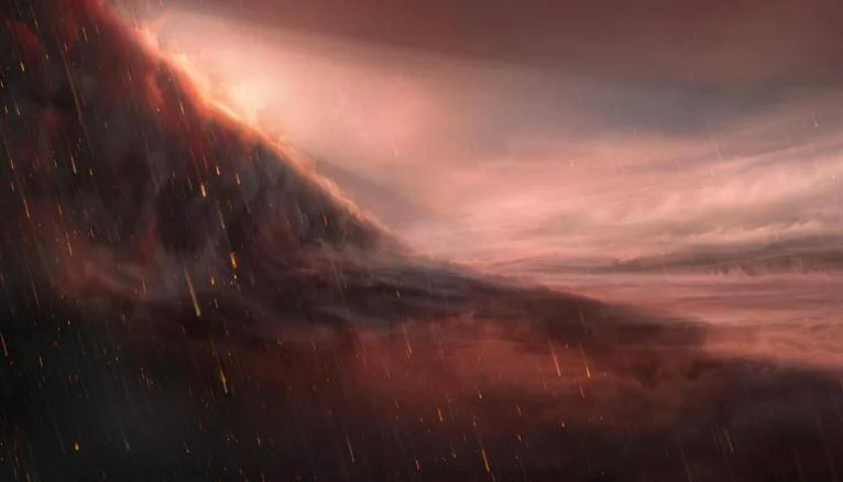 Recreación artística de un exoplaneta con atmósfera rojiza y lluvia de partículas incandescentes cayendo sobre su superficie.