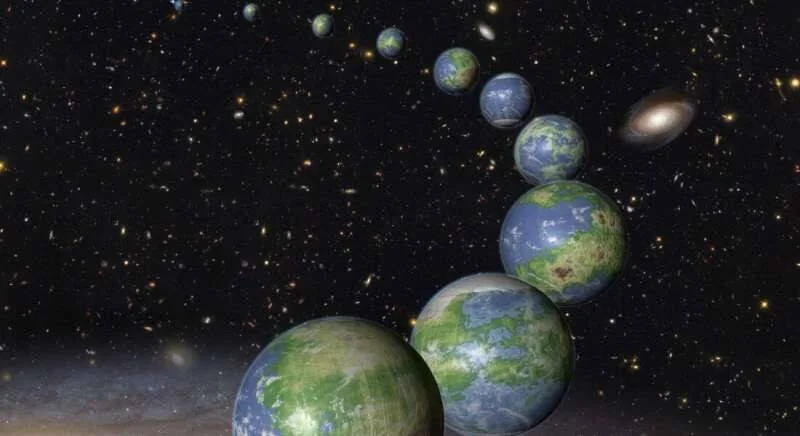 Secuencia de planetas similares a la Tierra de distintos tamaños alineados en el espacio, rodeados de galaxias y estrellas.