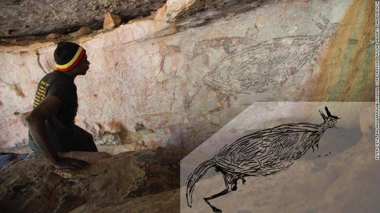 Persona observa pinturas rupestres en una cueva rocosa; recuadro muestra el dibujo de un canguro, considerado el arte rupestre más antiguo de Australia.