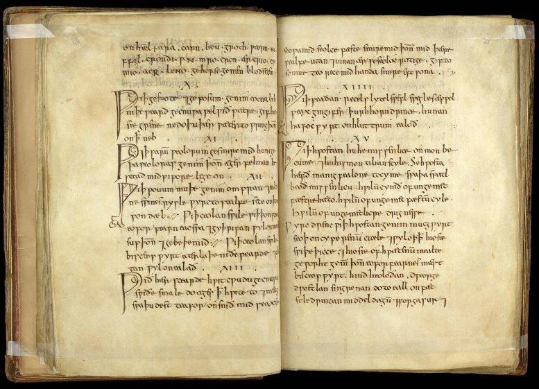 Páginas de un manuscrito medieval con texto escrito a mano en tinta oscura sobre pergamino amarillento.