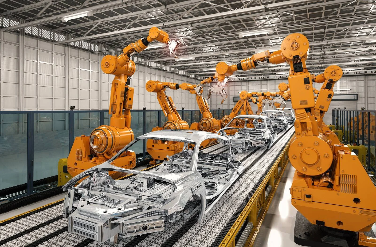 Brazos robóticos industriales de color naranja ensamblan carrocerías de automóviles en una línea de producción automatizada.