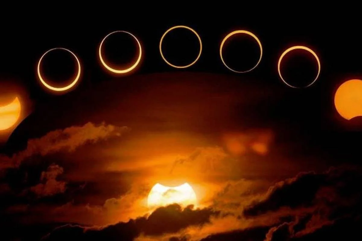 Composición que muestra las distintas fases de un eclipse solar anular, desde el inicio hasta el anillo de fuego completo, sobre un cielo nublado de tonos naranjas.