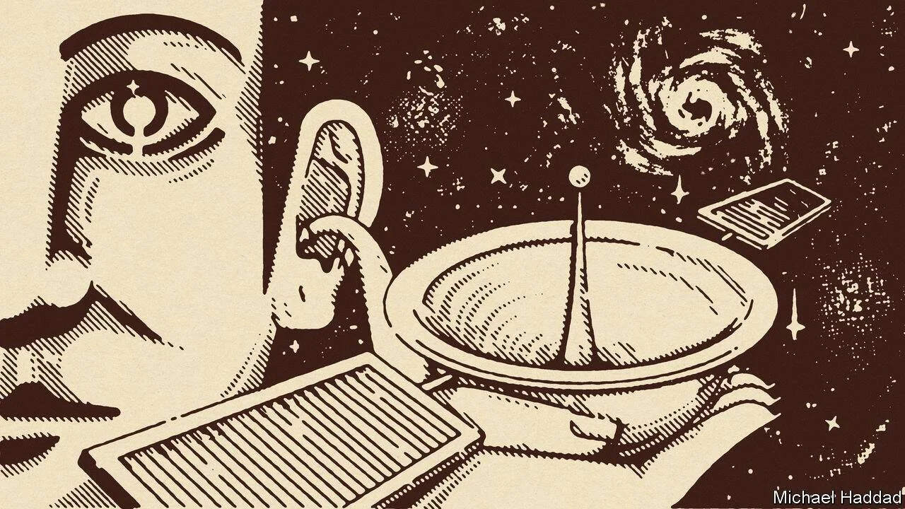 Ilustración estilo grabado de un rostro humano junto a una antena parabólica, galaxias espirales y dispositivos digitales en el espacio.