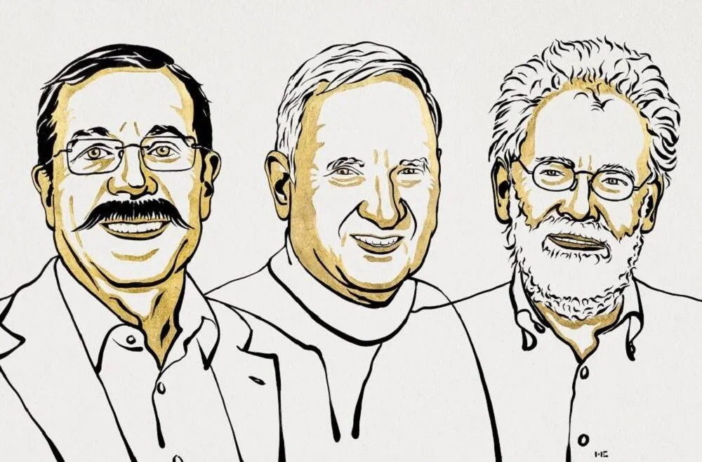 Ilustración oficial con los retratos de tres hombres en estilo de línea negro y dorado, característico de los premios Nobel.